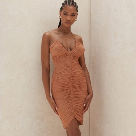 NWT House of CB Tiarra nude ruched mesh midi dress - Picture 2 of 11